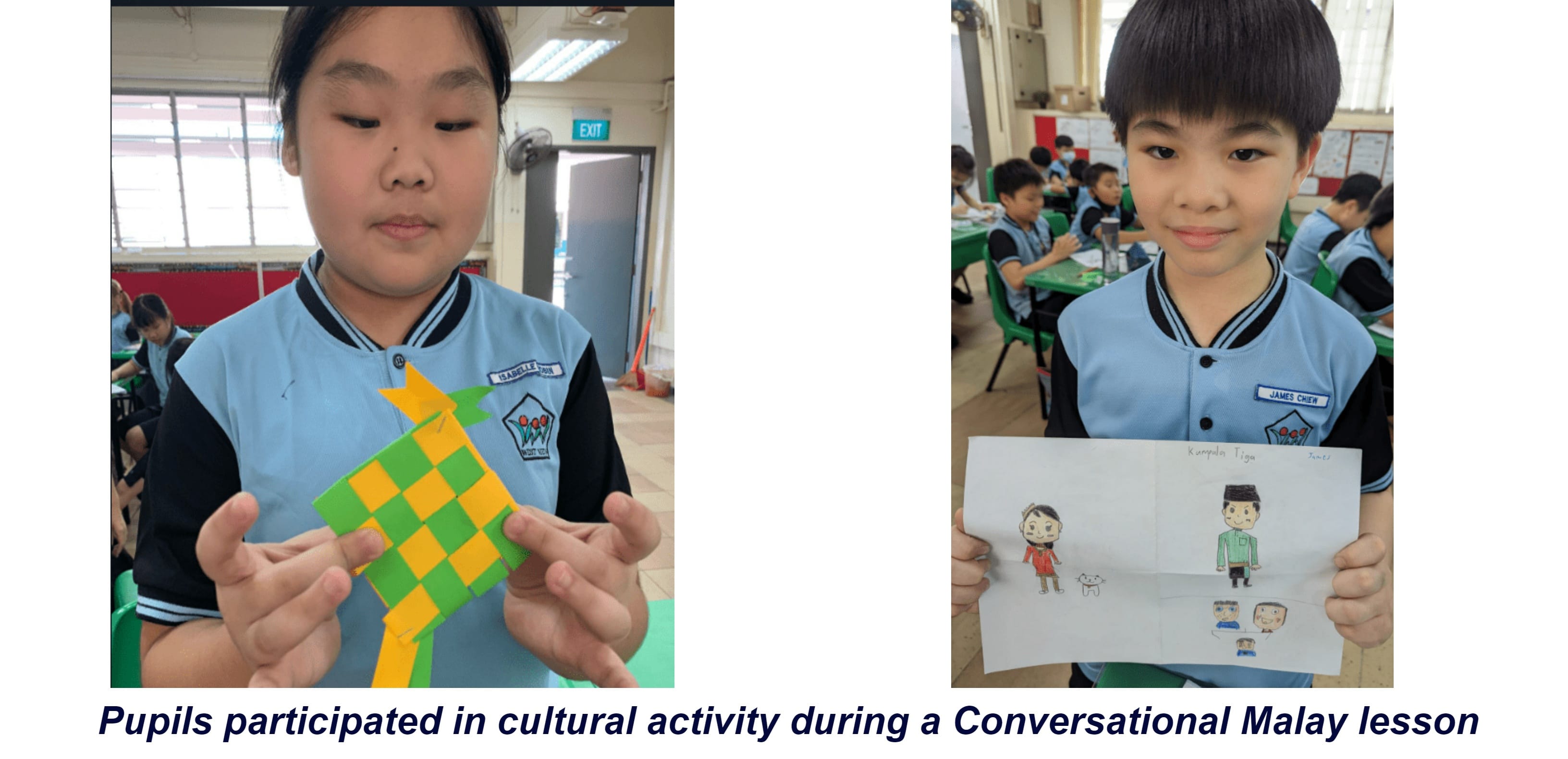 Two school pupils holding cultural crafts: one with a woven ketupat, another with a hand-drawn character sheet.